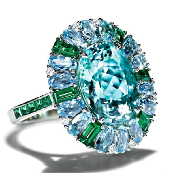 Luxury Women Faux Emerald Aquamarine kukkasormus hääjuhlakorulahja US 7