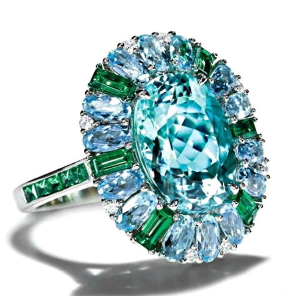 Lyx Kvinnor Faux Emerald Aquamarine Flower Ring Bröllopsfest smycken present US 6