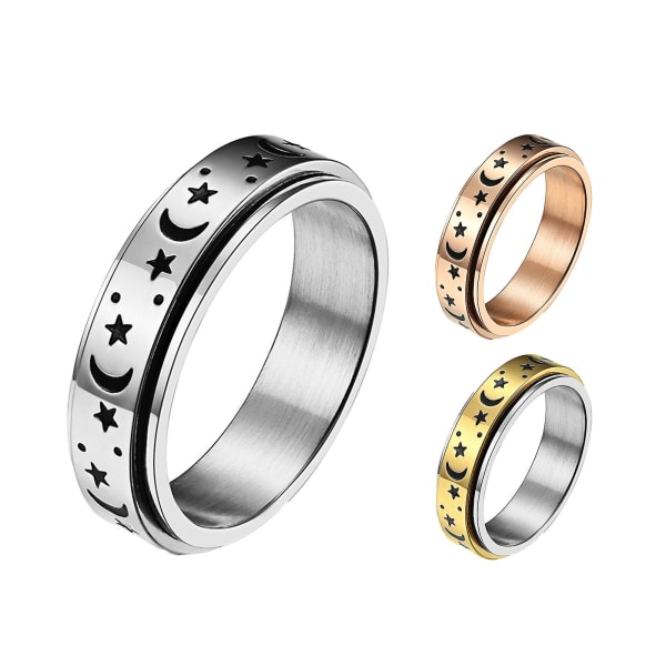 Giftering Stjerne Måne Roterbar Unisex Rund Match Finger Ring For Dating Silver US 7
