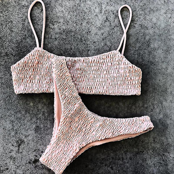 Kvinder Sommer Crinkle Bikini Sæt Plain Badetøj Badedragt Pink L