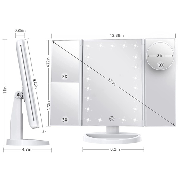 Sminkspegel Sminkspegel med ljus 2X 3X 10X förstoring med upplyst sminkspegel Trifold Folding Touch Co