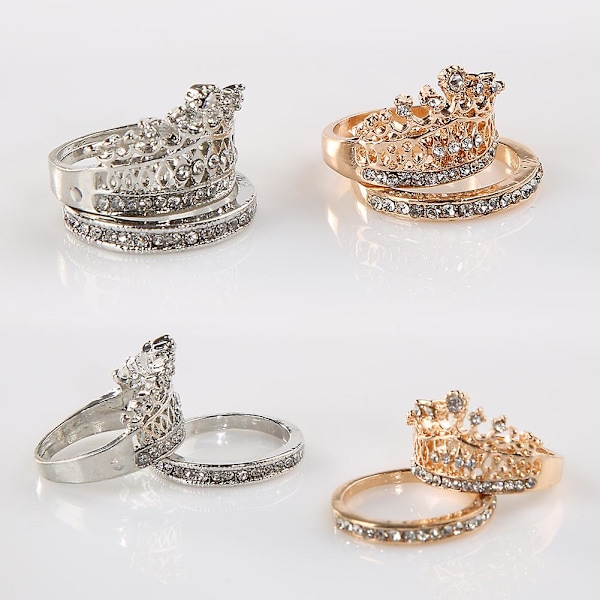 2 st Dammode Crown Tiara Ring Inlagd Helt Rhinestone Legering Smycken Present Gold CN16