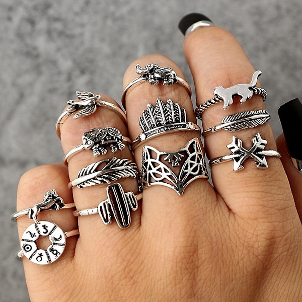 12kpl/ set Leaf Fox Elephant Design Sormukset Lady Vintage Knuckle Midi Pinottava Sormus