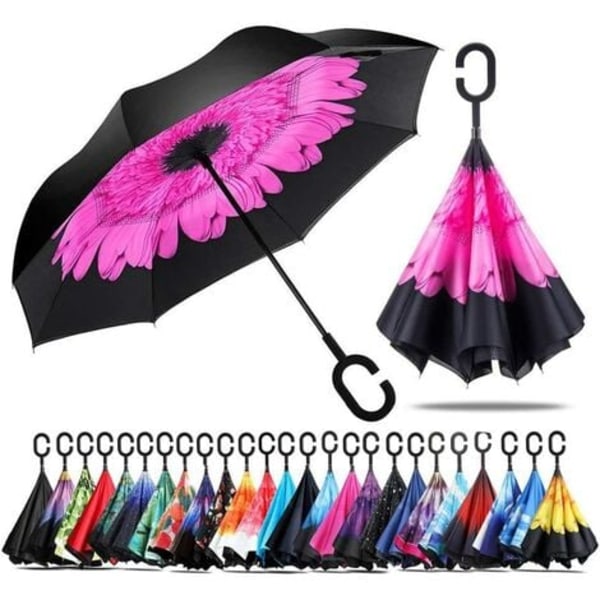 Inverterat paraply, anti-UV dubbellager vindtätt paraply, handsfree C-format handtag paraply