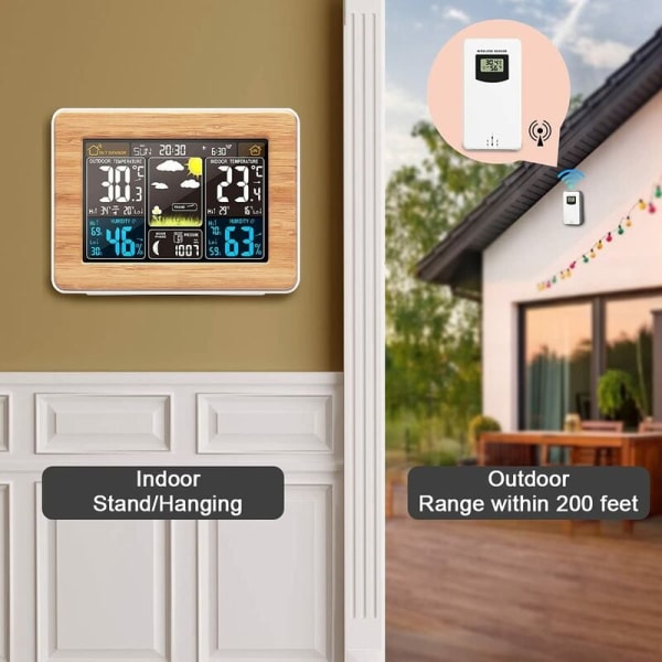 Træ Kornfarve Lille Vejrstation Elektronisk berøringsskærm Vægvejrur Digitalt hygrometer Barometer Sensor Su