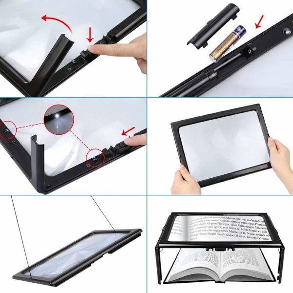 Lukusuurennuslasi, suurennuslasi LED-valolla, Hands Free -suorakulmainen suurennuslasi 3x suurennuksella, 4 LED-valoa ja taitettavat jalat - A4