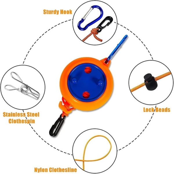 Udtrækkelig tøjsnor, 26 fod bærbar tøjsnor med 10 låseperler og 20 tøjklemmer - skridsikker og vindtæt - til camping, rejser, gård, L
