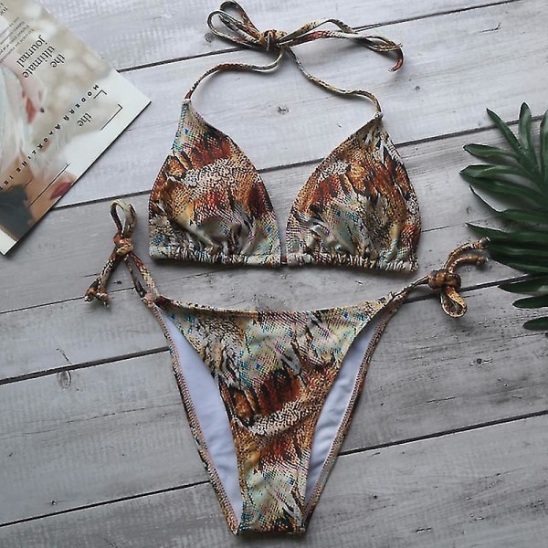 Kvinder sexet bikini-strengsæt polstret Push Up-badetøj Snakeskin Yellow M