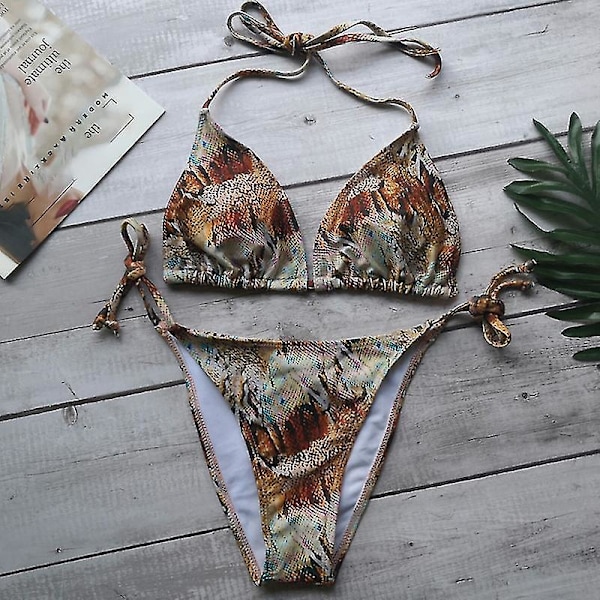 Kvinnor Sexig Bikinithong Set Vadderade Push Up Badkläder Snakeskin Yellow M
