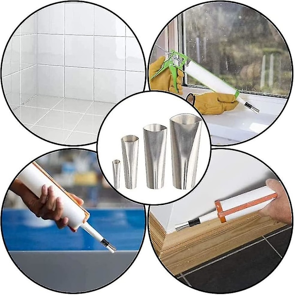 Fugemunnstykke, 14 stk rustfri stålapplikator og 2 stk plastforseglingsdyser og 1 rulletape, fugemiddelverktøy for kjøkken og bad