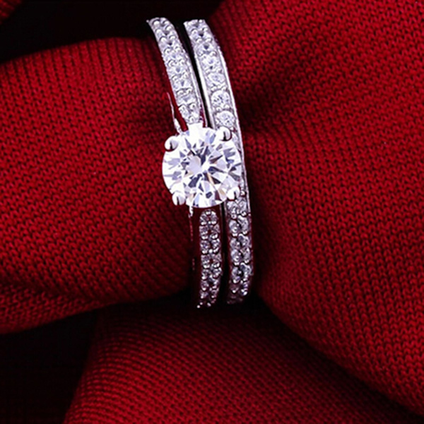 2st/ set Ring Glänsande Cubic Zirconia Pläterad Silver Romantisk Par Finger Ring För Bröllop US 8