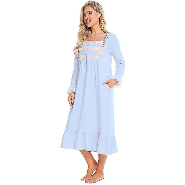 Victorian Nightgown puuvillainen Sleepshirt pitkähihainen M Light blue