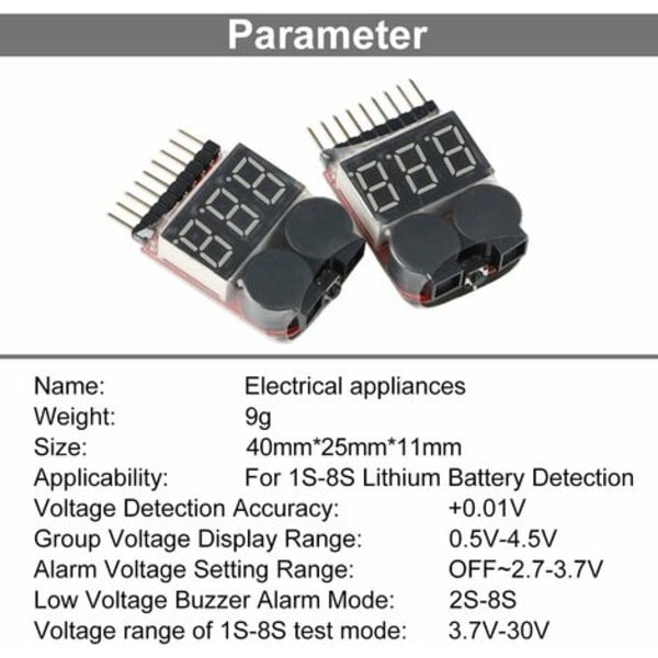 1S-8S akkutesteri, RC-akun hälytyssummeri Lipo Checker LEDillä Lipo-, Li-ION-, Li-Fe-akku Foneprolle