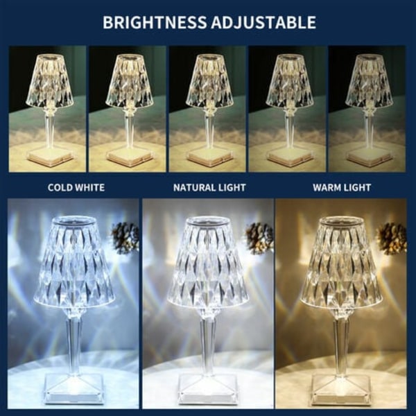Diamond Crystal -pöytälamppu, USB ladattava Crystal makuuhuoneen yövalaisin, säädettävä lämpötila/kirkkaus, litiumba