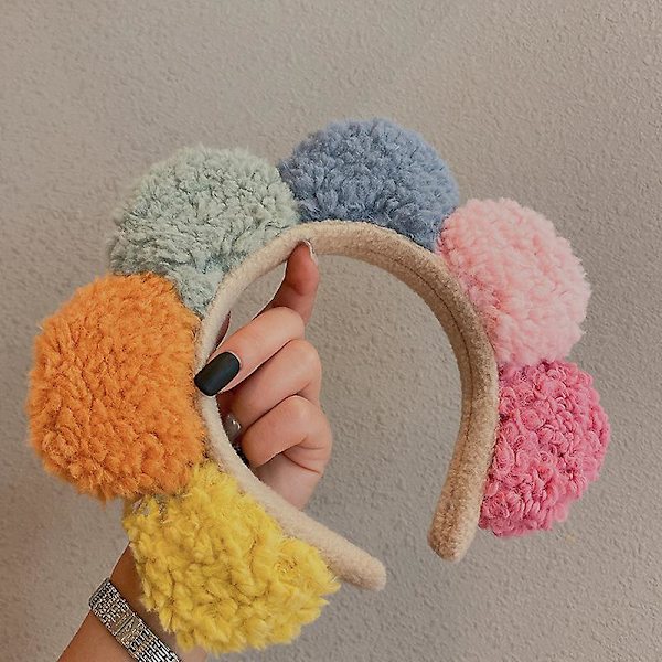 Päävanne värillisellä Pehmo Pom Pom -hiusnauhalla tytöille Söpö päähine kasvojen puhdistustarvike Orange   Yellow