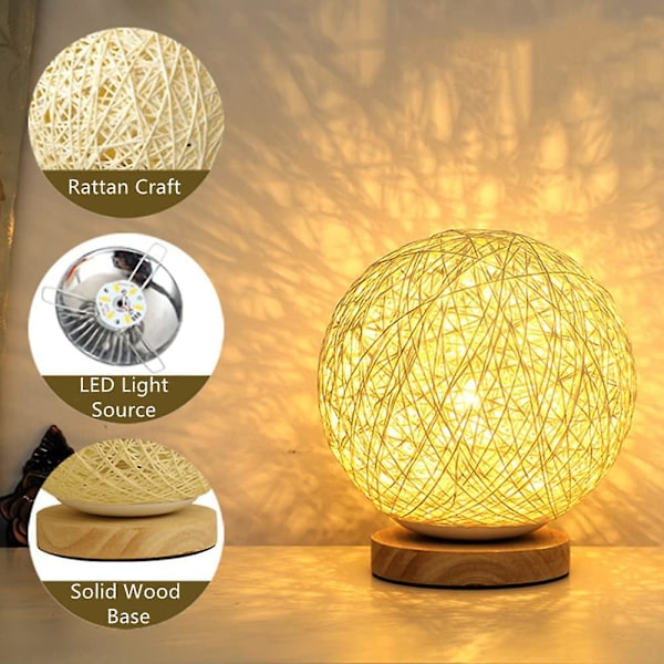 Træbordlampe, rattan led natlys, Rgb sengebordslampe med håndstrikket skærm og fjernbetjening til soveværelse, stue, natbord