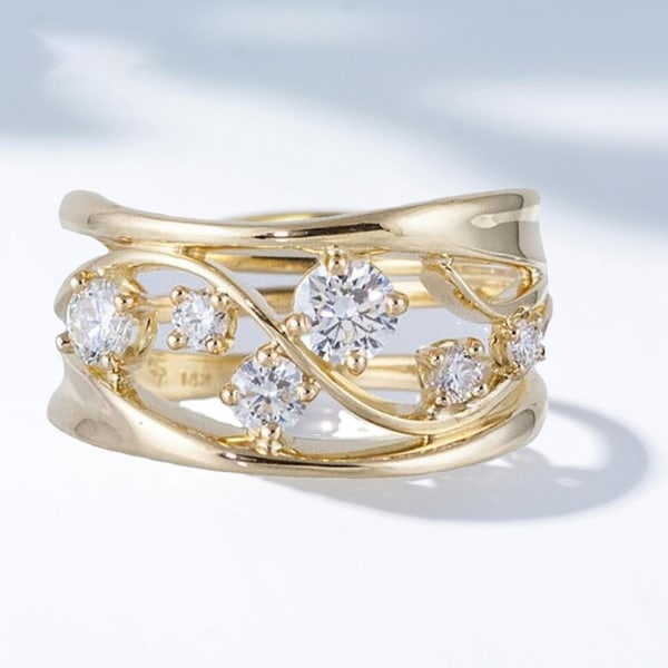 Kvinnor Fingerring Anti Tarnish Hollow Wavy Line Geometrisk Cubic Zirconia Ring för förlovning US 6