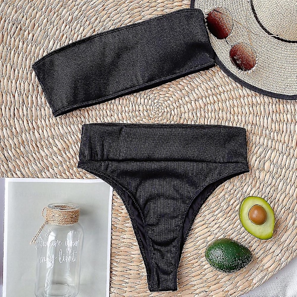 Dam Bandeau hög midja simdräkt Bikini Set Baddräkt Black S