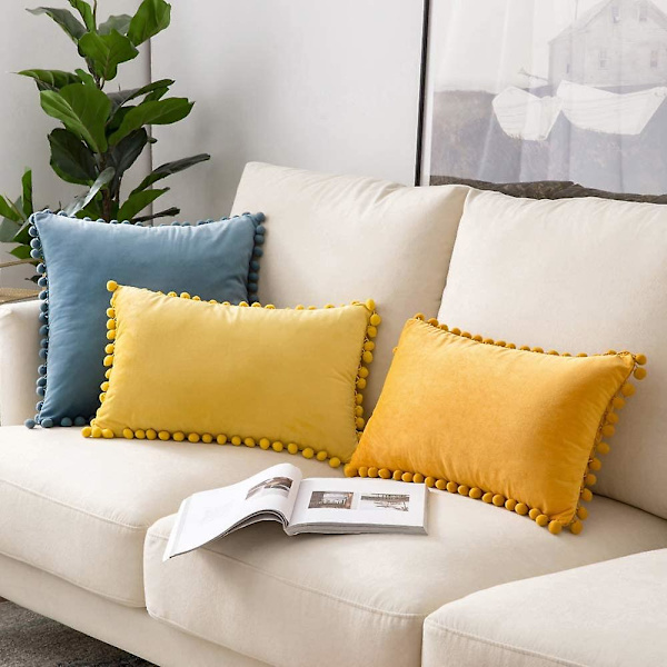 Paket med 2 Sammets-kuddfodral Pompom Dekorativa örngott Solida mjuka kuddfodral Med Poms Fyrkantig För Soffa Soffa Sovrum Bil 18x18tum Da 22 x22 Light Blue