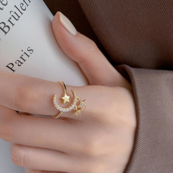 Kvinner Ring skinnende Rhinestone Rustfritt Åpning Måne og Star Knoke Ring Bride smykker Golden
