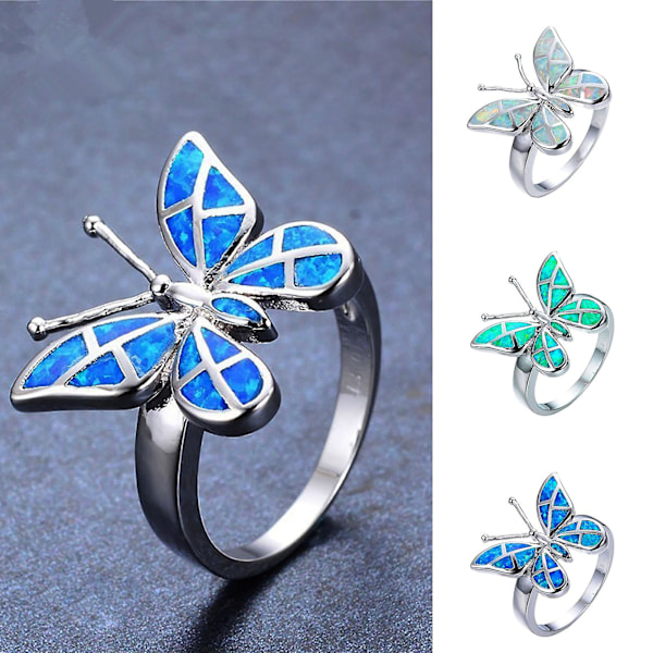 Dekorativt flot dameringgave Elegant rhinestone sommerfugle ring smykker tilbehør Blue US 7