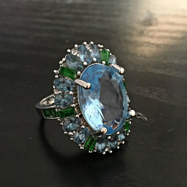 Luksus Kvinder Faux Emerald Aquamarine Flower Ring Bryllupsfest smykker gave US 8