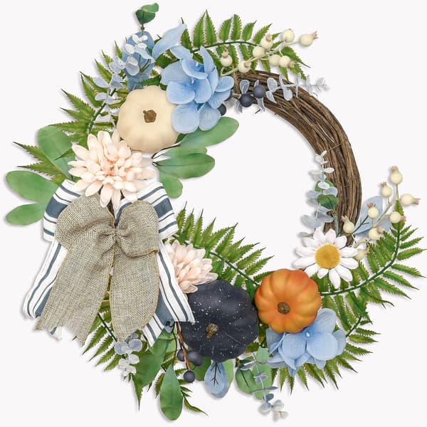 Blå efterårskrans til hoveddøren, kunstig Thanksgiving