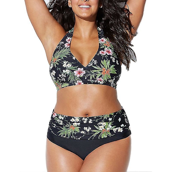 Bikinisett for kvinner med polstret BH Push Up Badedrakt Plus Size Black 4XL