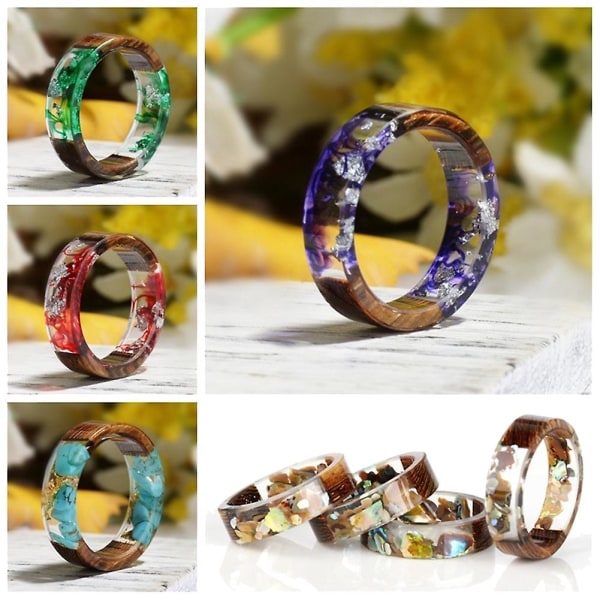 Kreativa kvinnor trä torkad blomma Transparent finger ring smycken födelsedagspresent Brown 1.7cm