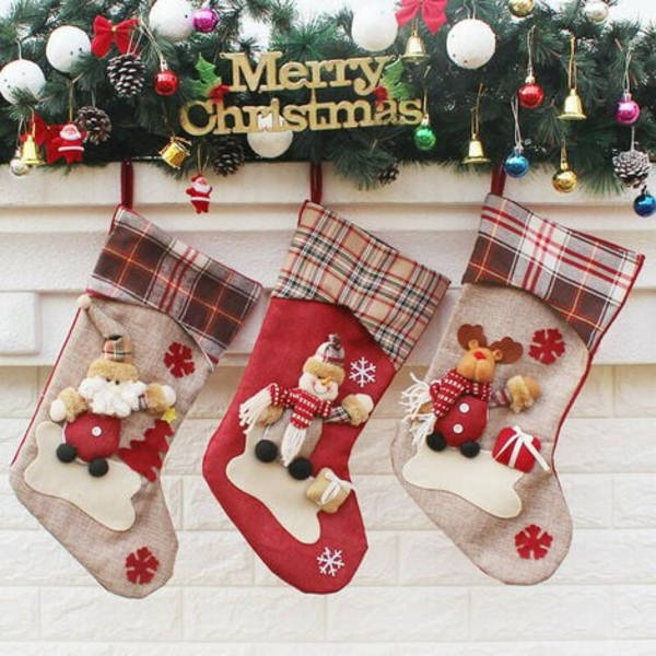 Julstrumpor, set med 3 stor julklappspåse, hängande julstrumpor med jultomten Rensnögubbe till jul