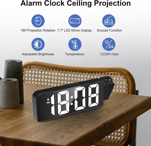 Projection Alarm Clock, Black Alarm Clock with LED Display, Bedside Projector Clock, 12/24H Display, Digital Clock for Bedroom