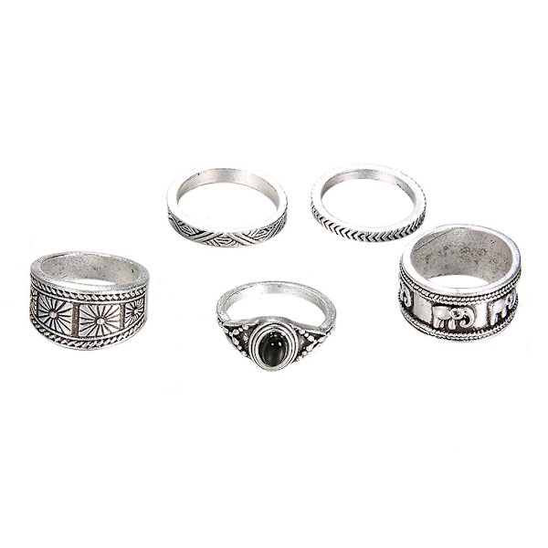5 st/ set Carving Elephant Rund Stone Stacking Dam Retro Knuckle Ring Smycken