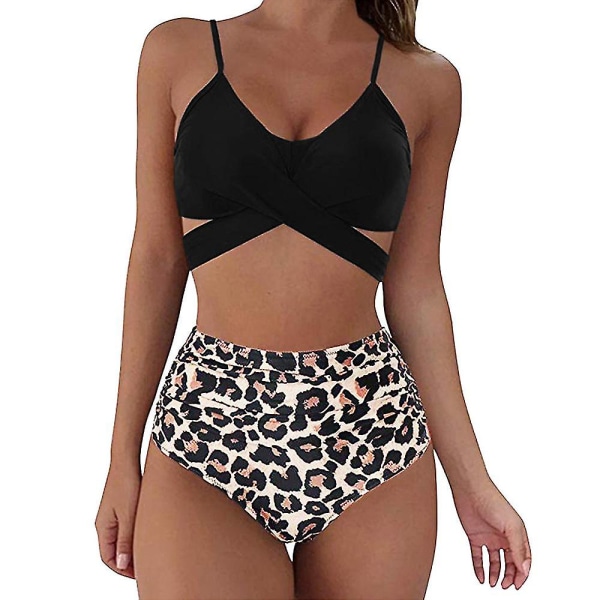 Kvinnor Blommig High Waist Bikini Set Sommar Sexiga Badkläder Black S