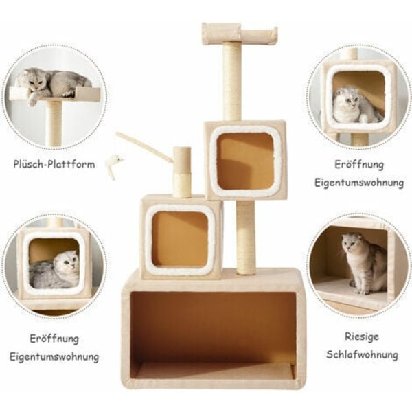 Cat Tree 140 cm Kartokner skrapstolpe med spelrep + hörnskrapstolpe med spelrep, vit/beige