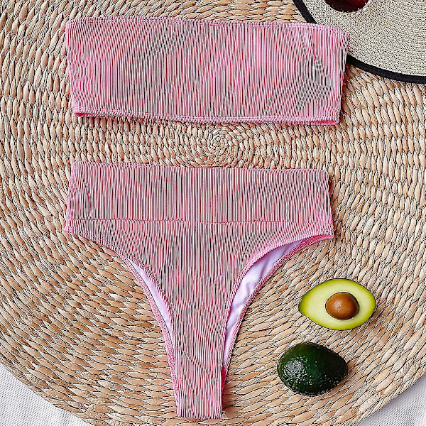Dam Bandeau hög midja simdräkt Bikini Set Baddräkt Pink M