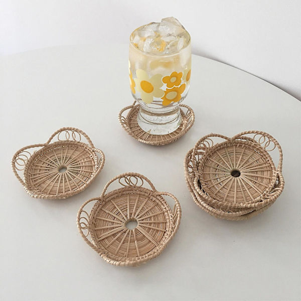 2kpl kupinaluset Rustic Vintage rottinki Boho Style Pöytäjuomakuppimatot keittiöön