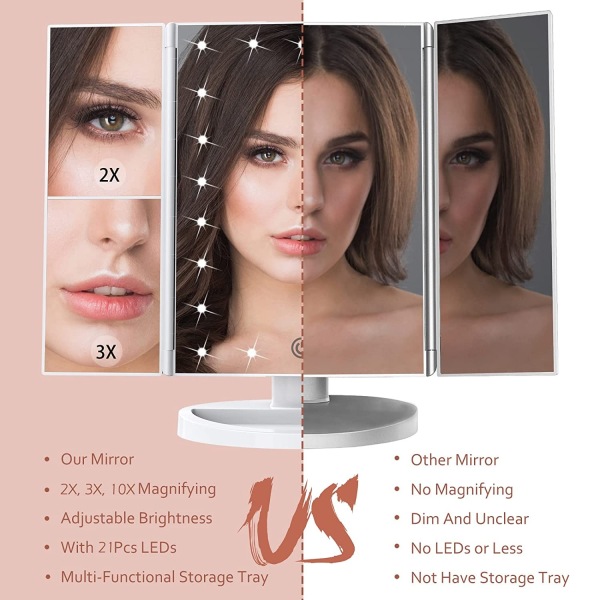 Kosmetisk speil Kosmetisk speil med lys 2X 3X 10X forstørrelse med opplyst kosmetisk speil Trifold Folding Touch Co
