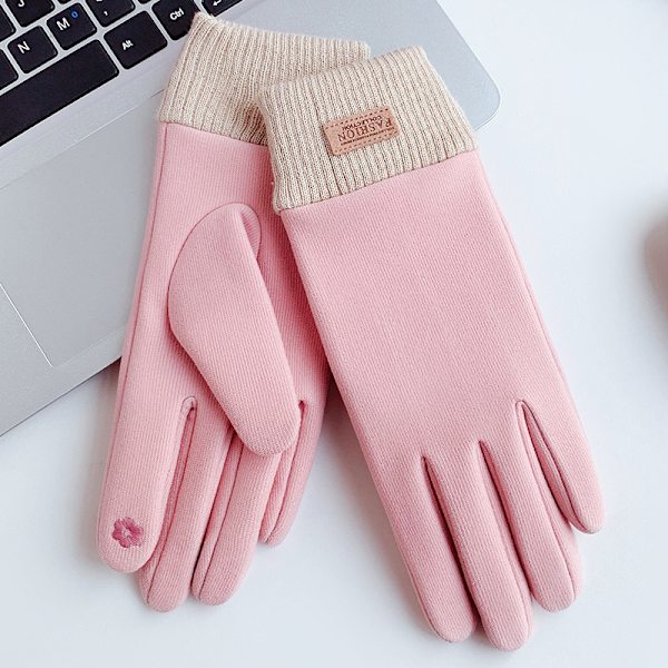 Kvinnors utomhus ridhandskar höst och vinter plus sammet varma mode broderi skruvar Mi Shu sammet pekskärm Rosa handskar