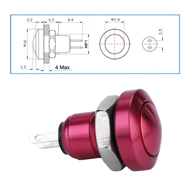 24V 8mm Mini Vanntett Momentan Trykknapp Strømbryter Sinklegering