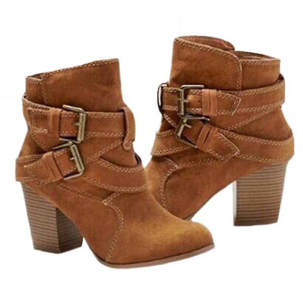 Kvinnor Spänne Ankel Boots Mid Block Heel Booties Skor Brown 41