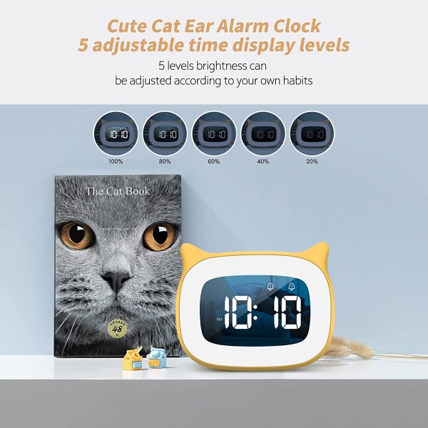 Barnevekkerklokke med dimbart nattlys, søt digital klokke med katteører for gutter og jenter, 5-minutters vekkerklokke, W