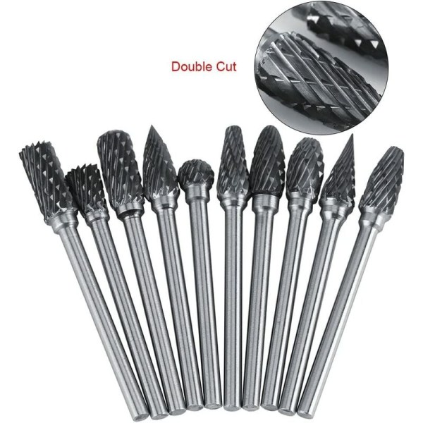 Hårdmetall Burr Set Roterande Filer Tungsten Stål 10st Skärhuvud Diameter för 3mm skaft 6mm skaft Borr Snider metall