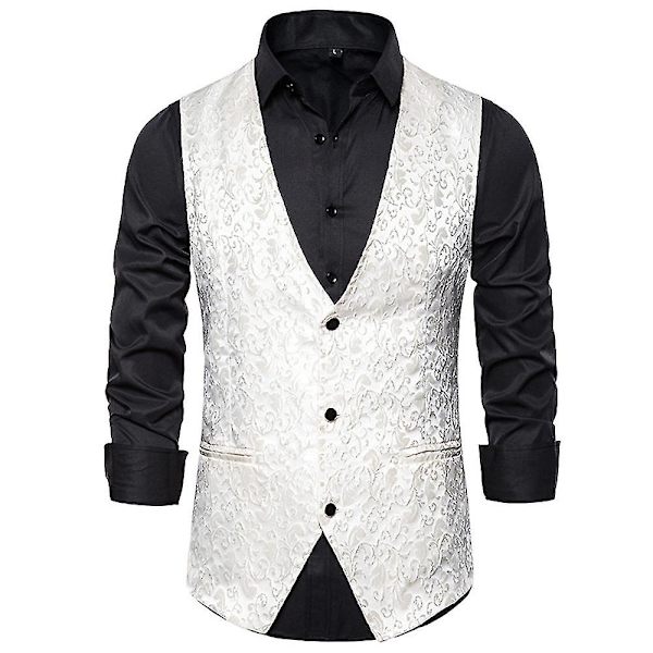 Enkelknäppt väst för män Slim Fit formell print väst XXL White
