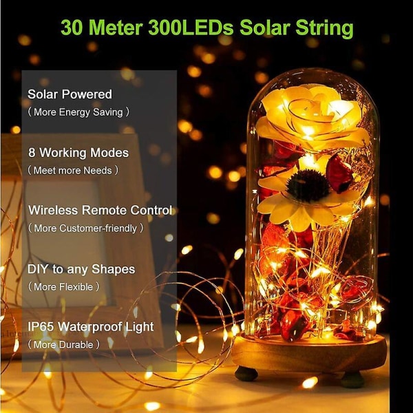 Utomhus Solar String Lights 30m 300 LEDs Fjärrkontroll med 8 ljuslägen, Vattentät Solar String Lights för trädgård, uteplats, balkong, gård, Kristus