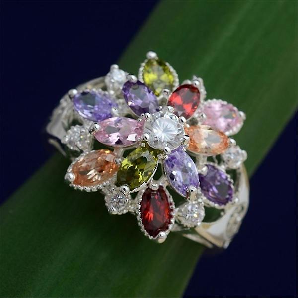 Kvinnor Flerfärgad Cubic Zirconia Inlagd Ring Bröllop Engagemang Smycken Present US 9