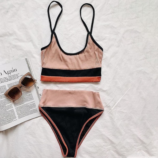 Dame High Waist Bikini Sports Beach Colorblock Badedrakt Pink and Black S