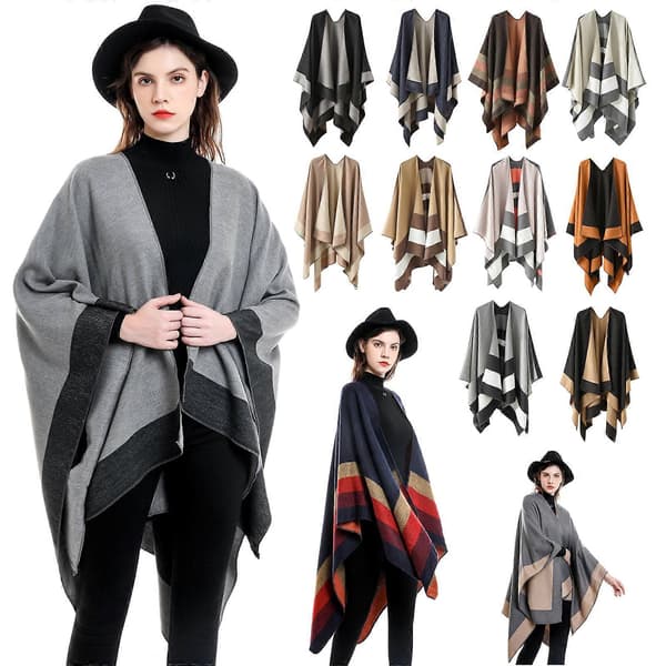 Dame Sjal Wraps Åben Front Poncho Kapper Oversized Sweaters Mode Sjaler til Efterår Vinter Dyblå Deep Blue