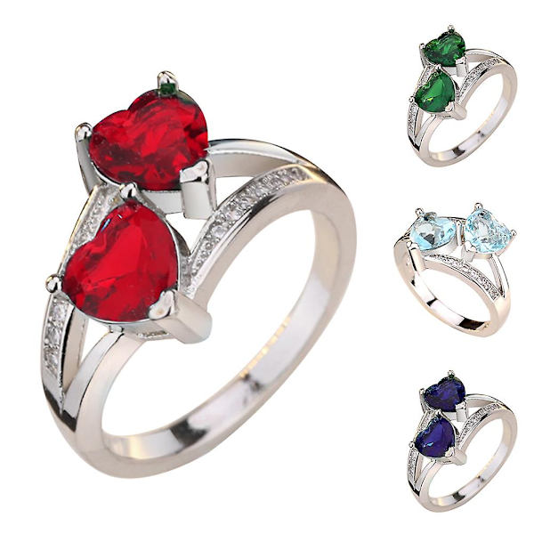 Dammode dubbel hjärtform Cubic Zirconia Inlagd Finger Ring Smycken Present Multicolor US 9