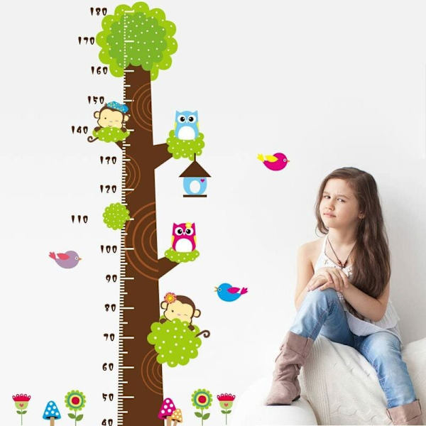 Söta tecknade ugglor apor på stort brunt träd Tillväxthöjdsdiagram Avtagbara väggdekaler, dekaler för barn, baby , förskola Gör-det-själv dekorativa väggdekaler