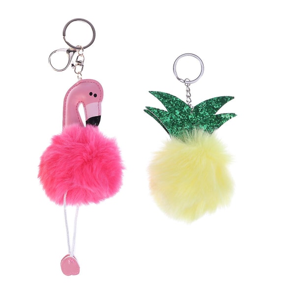 2 Stk Fluffy Nøglering Plys Flamingo Ananas Nøglering Nøgleholder hængende dekoration